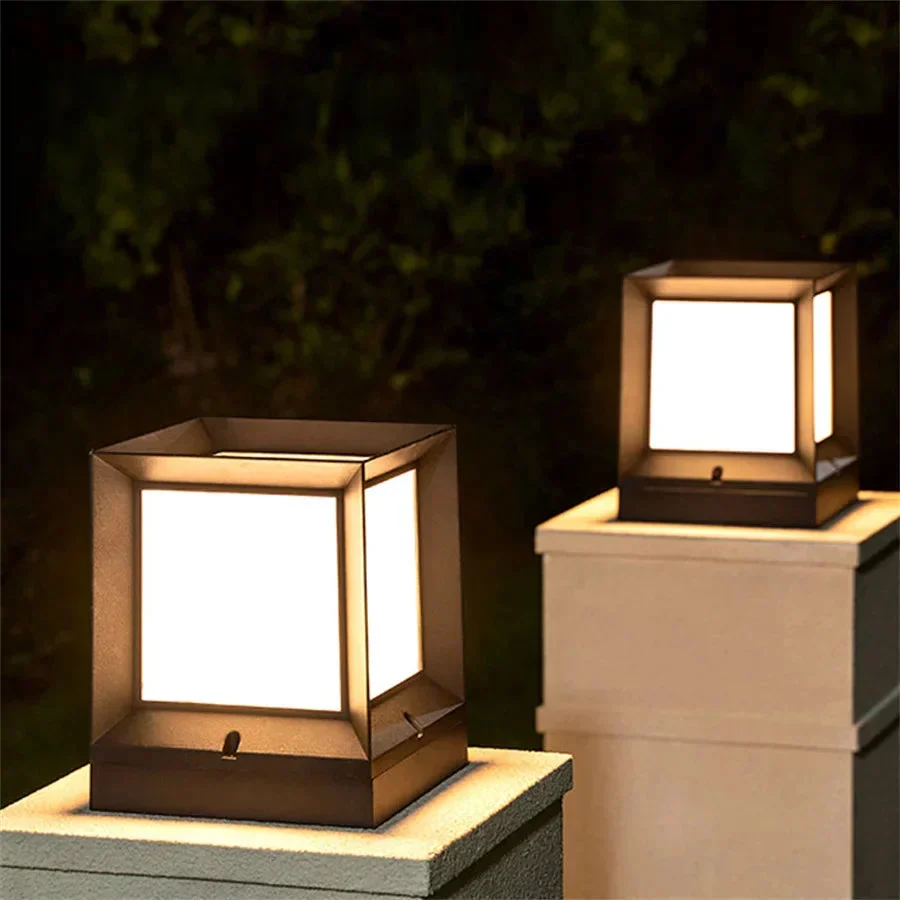 Outdoor Post Light | Modern Black Cube Pillar Lamp A