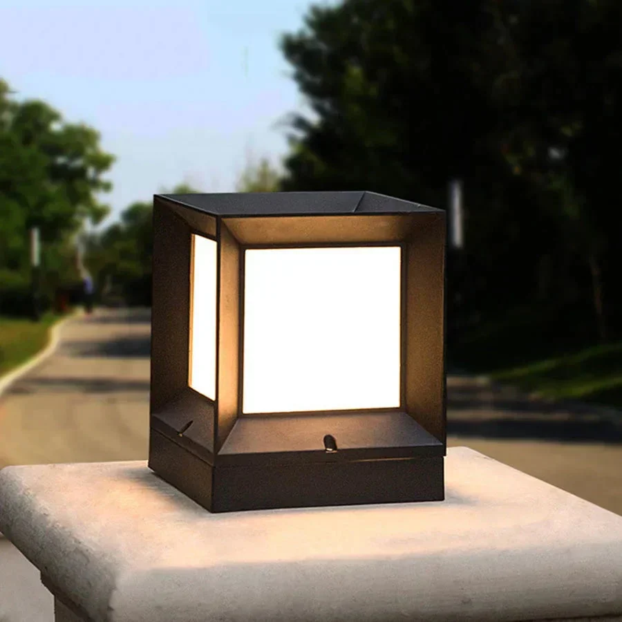 Outdoor Post Light | Modern Black Cube Pillar Lamp A