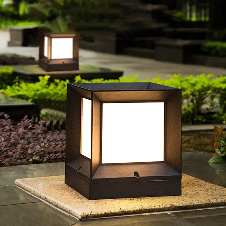 Outdoor Post Light | Modern Black Cube Pillar Lamp A
