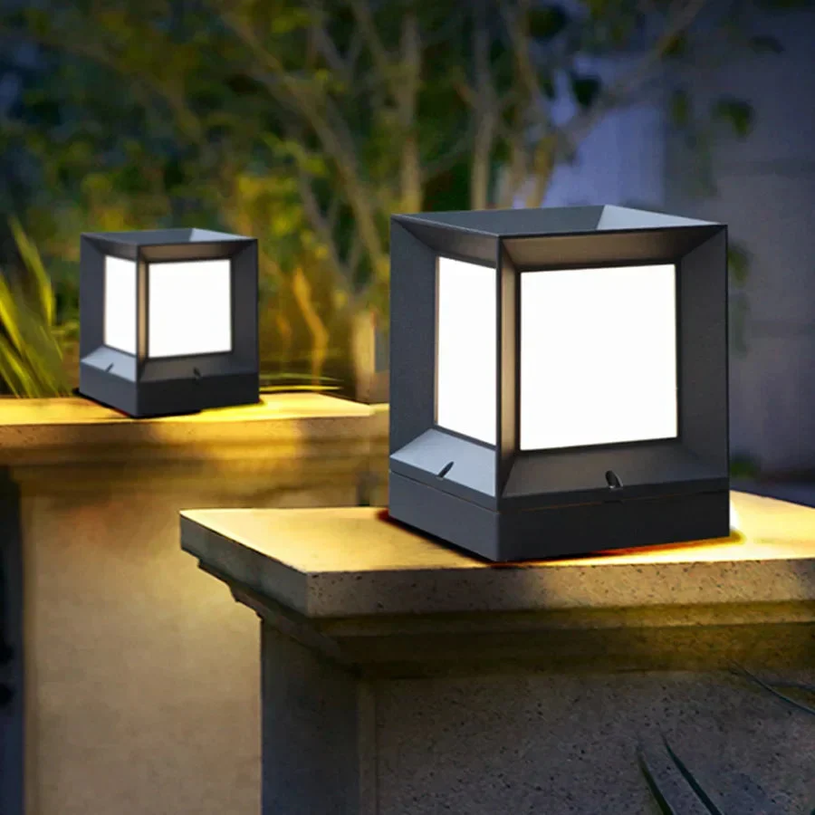 Outdoor Post Light | Modern Black Cube Pillar Lamp A