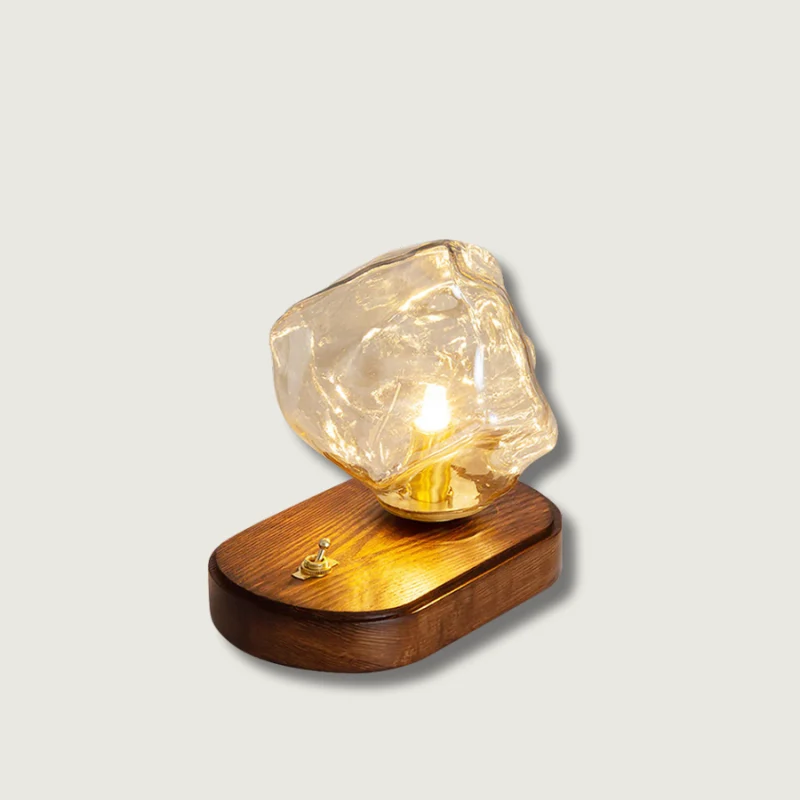 Vintage Table Lamp | Amber Glass Wood Base Design Amber