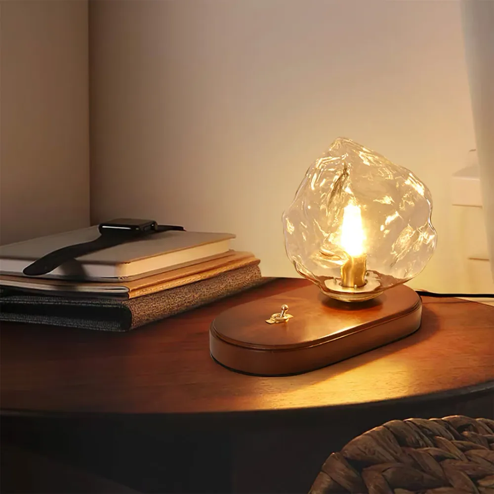 Vintage Table Lamp | Amber Glass Wood Base Design Amber