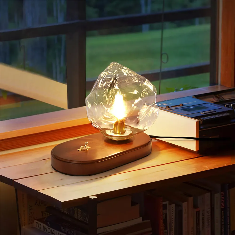 Vintage Table Lamp | Amber Glass Wood Base Design Amber