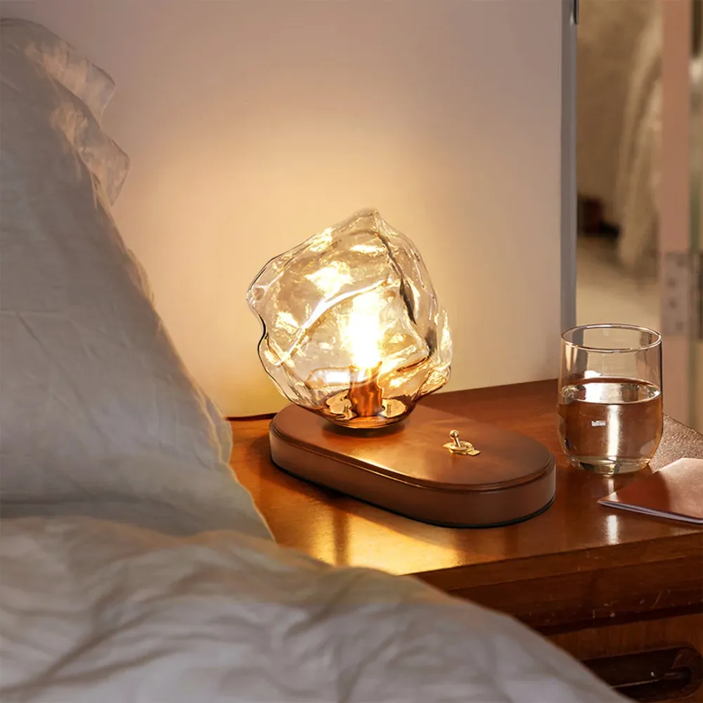 Vintage Table Lamp | Amber Glass Wood Base Design Amber