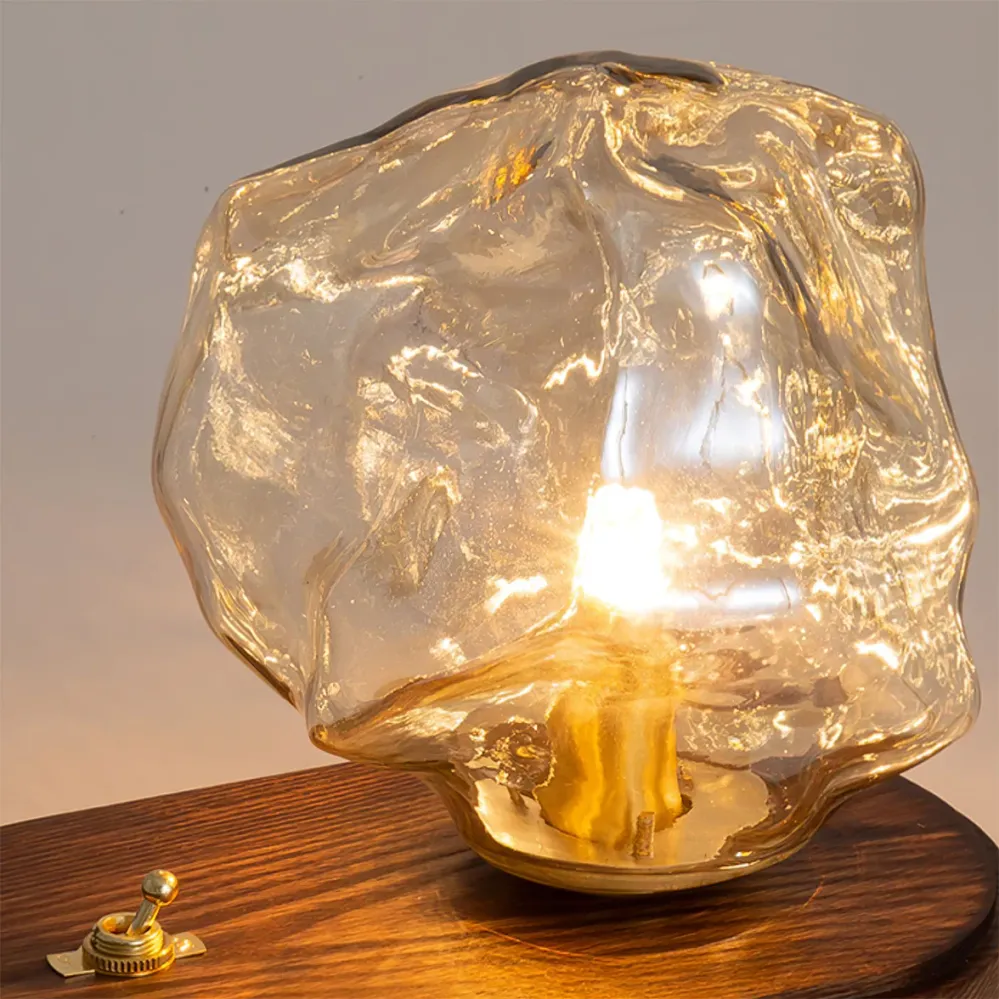 Vintage Table Lamp | Amber Glass Wood Base Design Amber