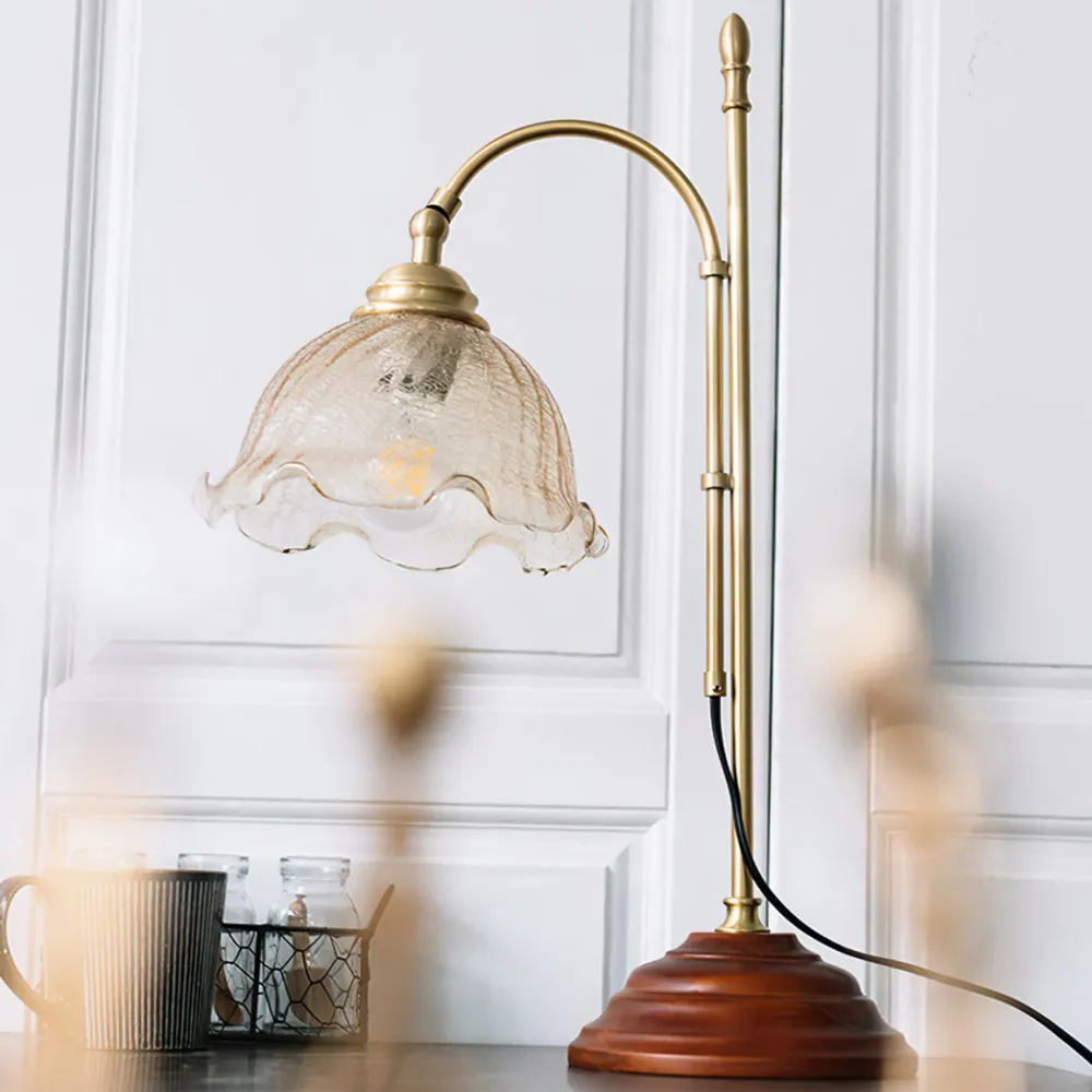 Vintage Table Lamp | Brass Arm Glass Shade
