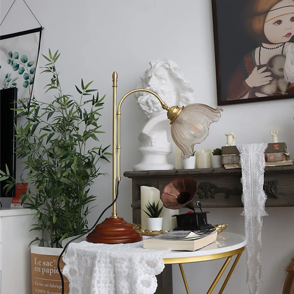 Vintage Table Lamp | Brass Arm Glass Shade