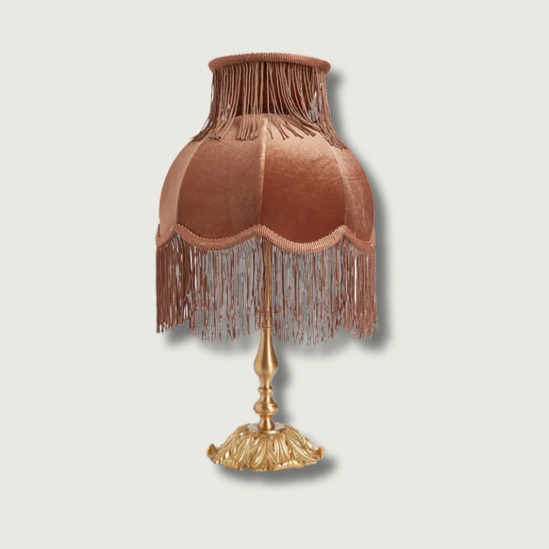 Vintage Table Lamp | Brass Base Fringed Velvet Shade Coffee