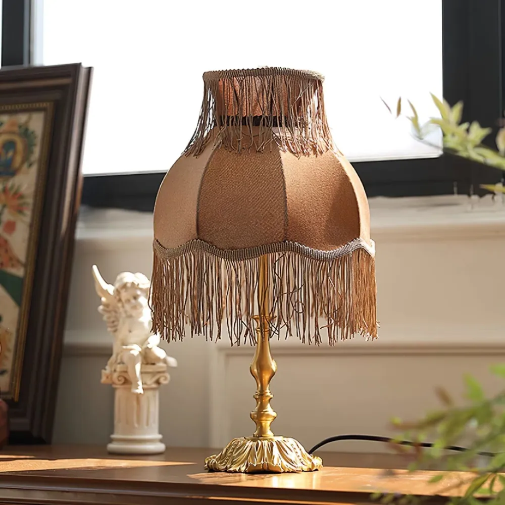 Vintage Table Lamp | Brass Base Fringed Velvet Shade Coffee