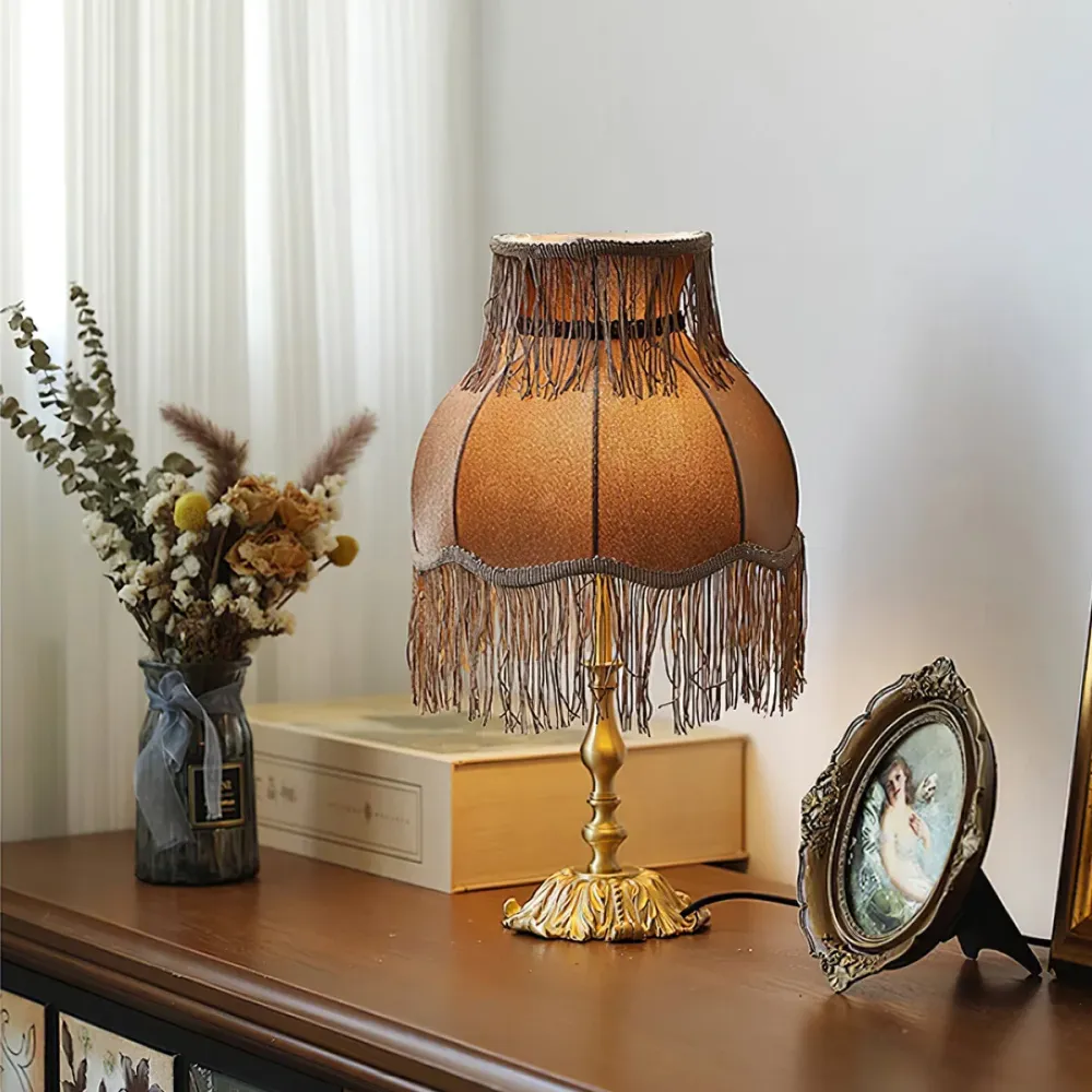 Vintage Table Lamp | Brass Base Fringed Velvet Shade Coffee