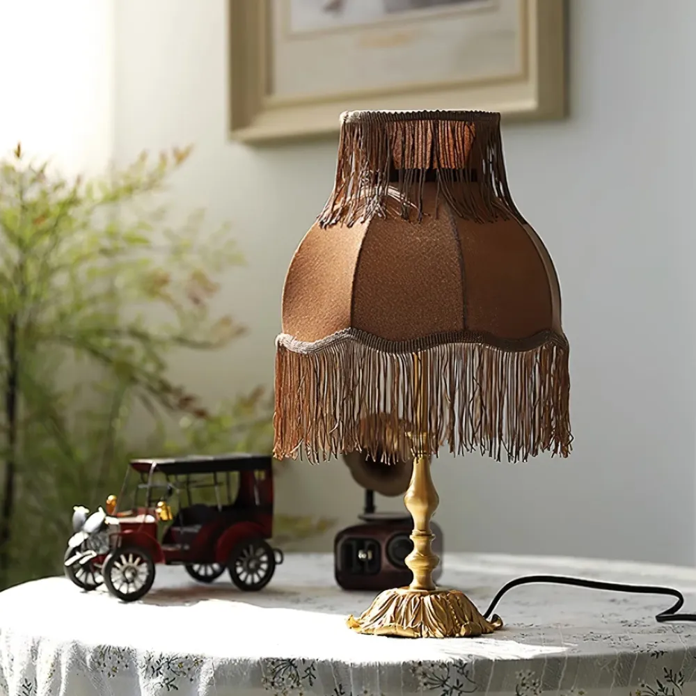Vintage Table Lamp | Brass Base Fringed Velvet Shade Coffee