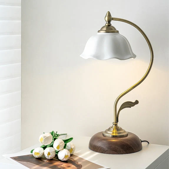 Vintage Table Lamp | Ceramic Shade Wood Base