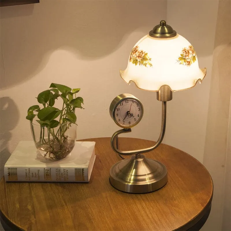 Vintage Table Lamp | Floral Glass Shade Clock