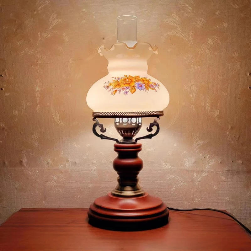 Vintage Table Lamp | Floral Glass Shade Wood Base Brown