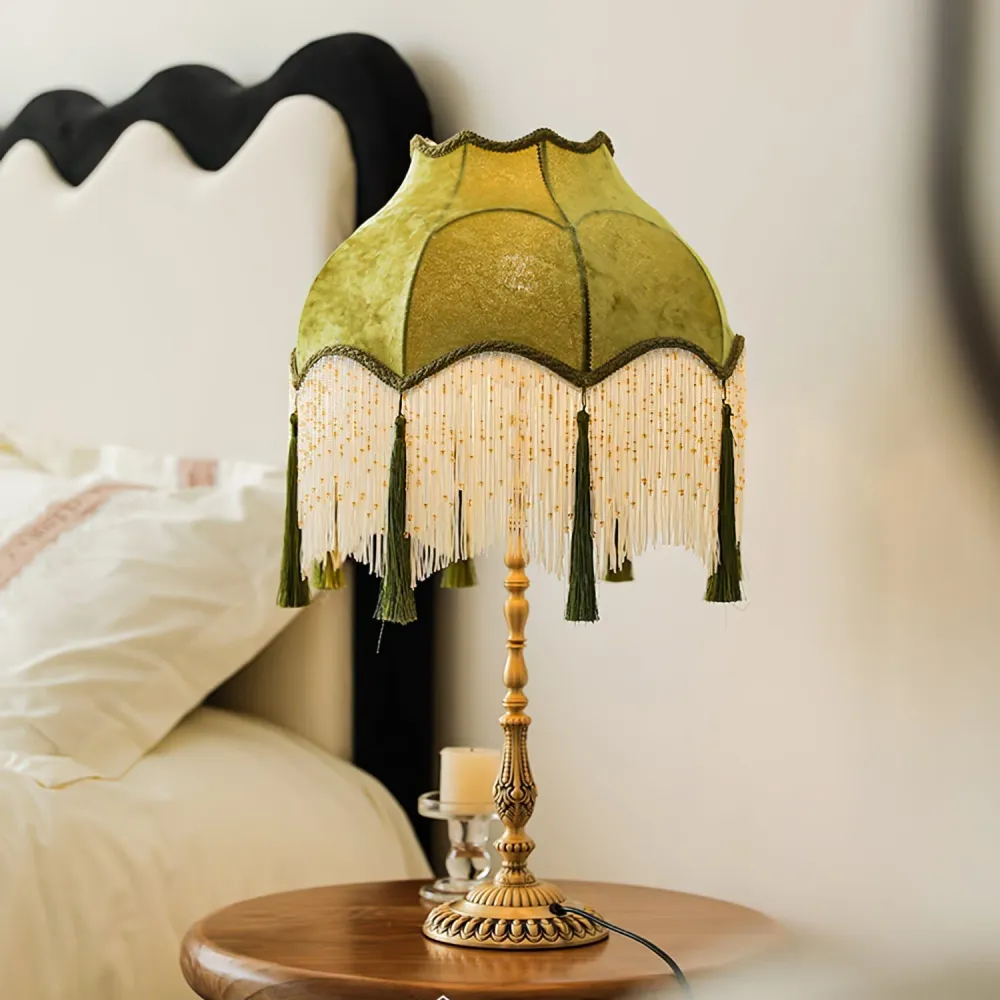 Vintage Table Lamp | Green Fabric Shade Fringes