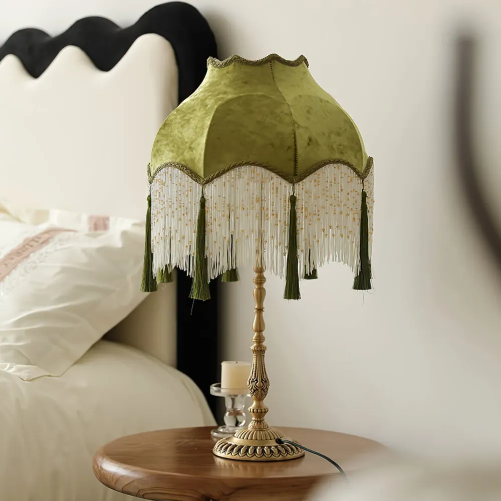 Vintage Table Lamp | Green Fabric Shade Fringes