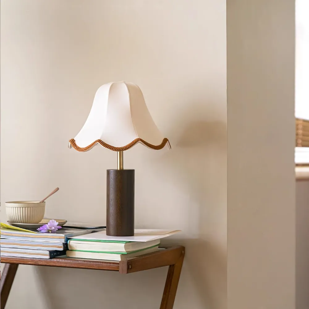 Vintage Table Lamp | Scalloped Shade Wooden Base