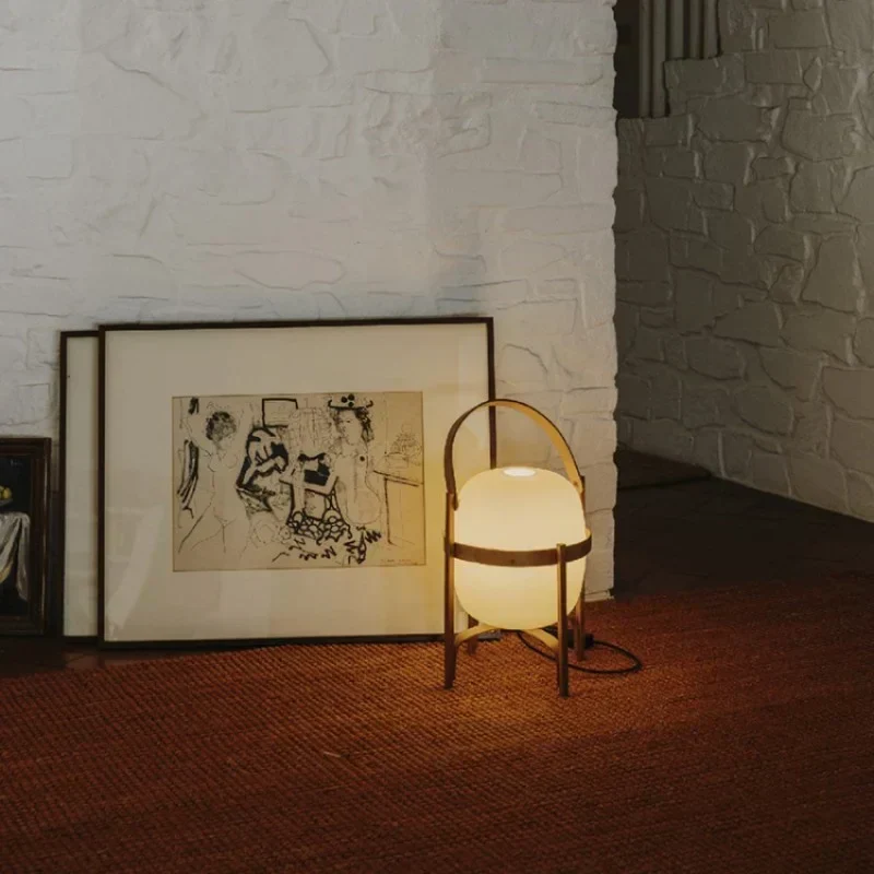 Vintage Table Lamp | Wooden Basket Frame Opal Glass Wood