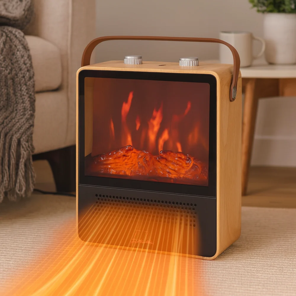 Electric Fireplace Heater | Portable 3D Flame Effect Design Beige