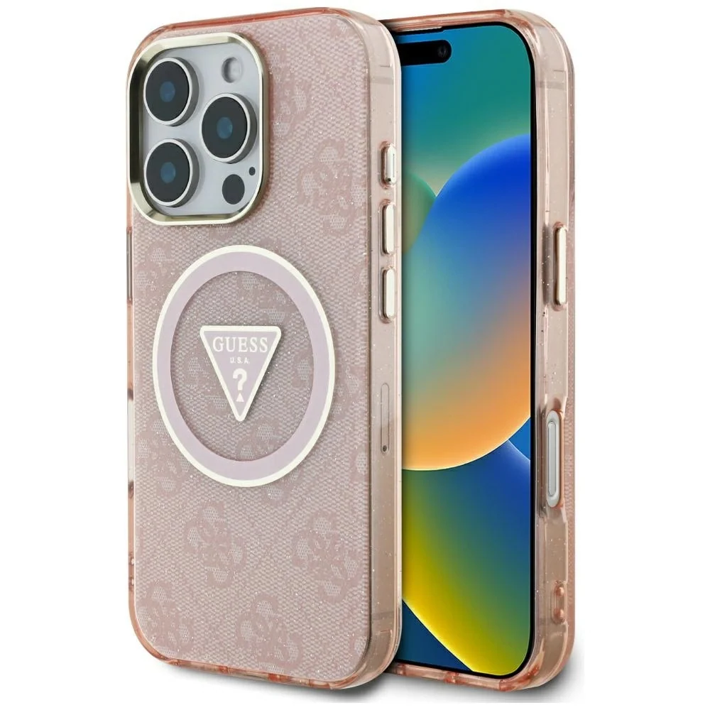 Guess IML Stål Glitter 4G Circle Triangle MagSafe Case iPhone 16 Pro Max - Pink