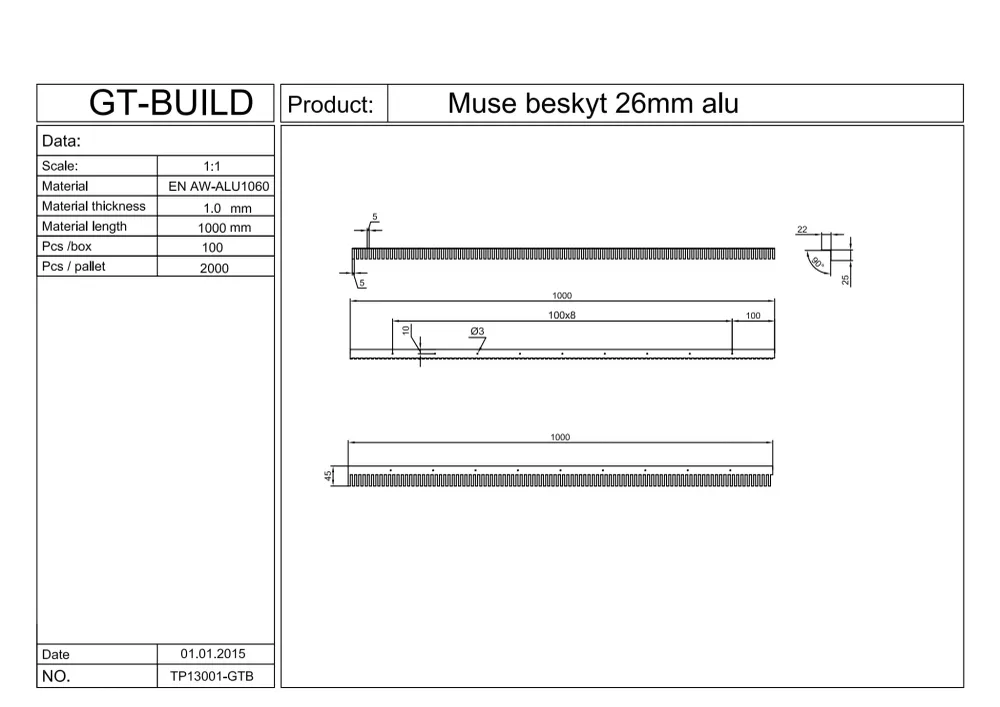 Mus & rotte defends 26mm aluminium x 1000mm