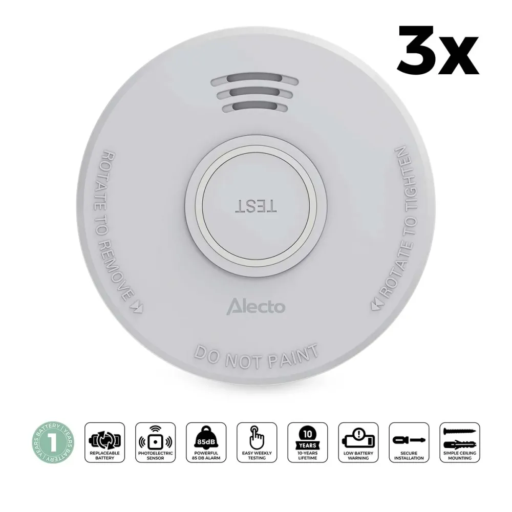 Alecto - Self-contained røgalarm med 1 års batteri 3 stk. - SD110 3X