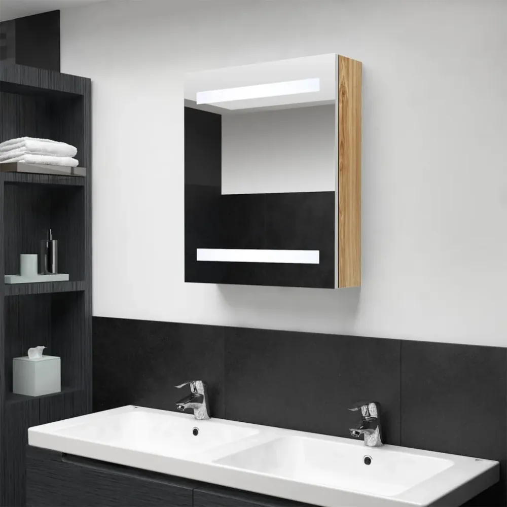 badeværelsesskab med spejl + LED-lys 50x14x60 cm egetræ og alabast