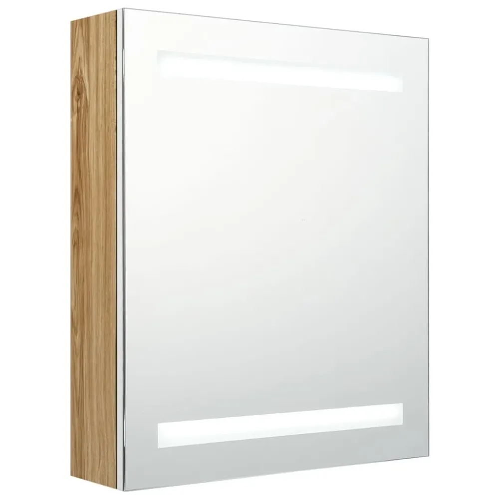 badeværelsesskab med spejl + LED-lys 50x14x60 cm egetræ og alabast