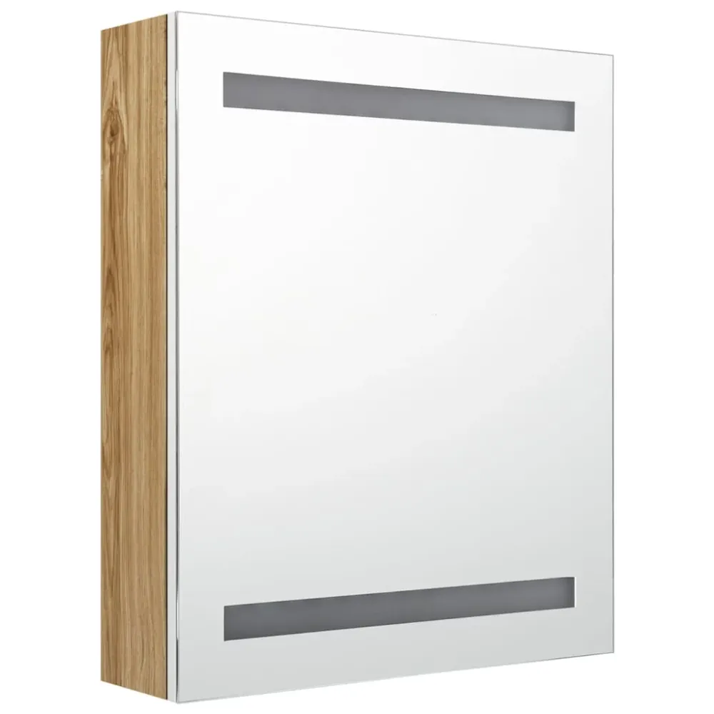 badeværelsesskab med spejl + LED-lys 50x14x60 cm egetræ og alabast