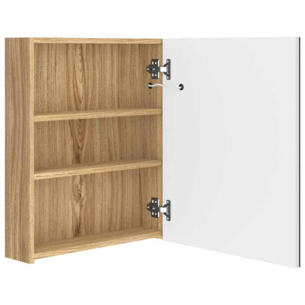 badeværelsesskab med spejl + LED-lys 50x14x60 cm egetræ og alabast