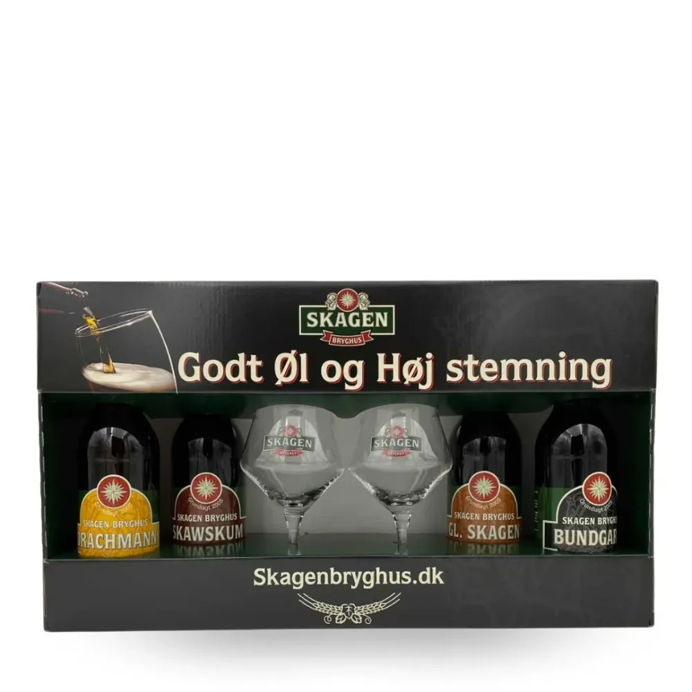 Godt Øl og Høj Stemning - Smagekasse m. 4 øl og 2 glas | Skagen Bryghus