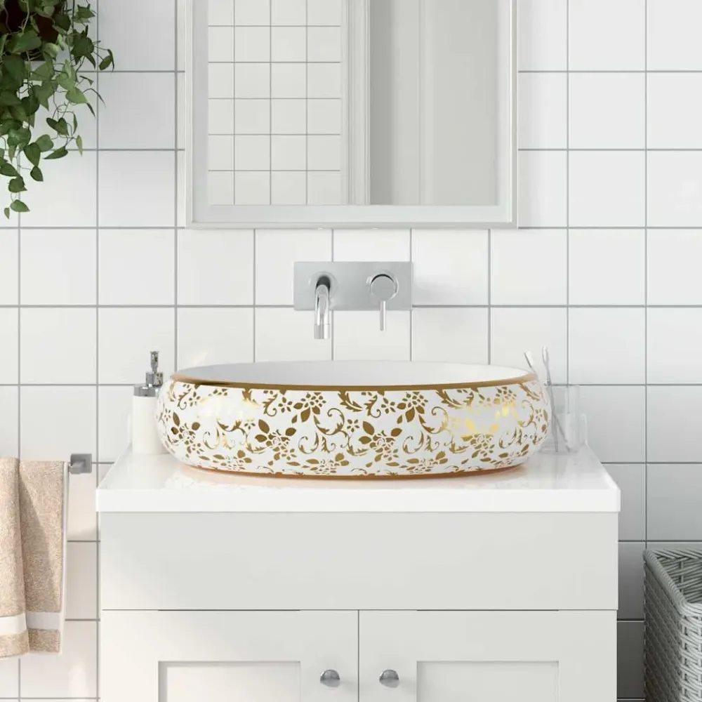 håndvask til bordplade 59x40x15 cm oval keramik ivory og guld