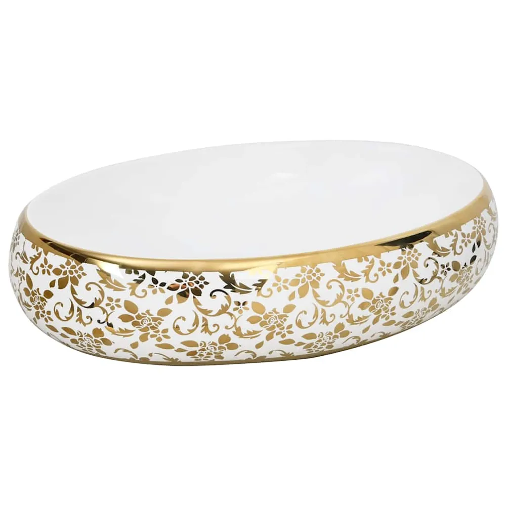 håndvask til bordplade 59x40x15 cm oval keramik ivory og guld