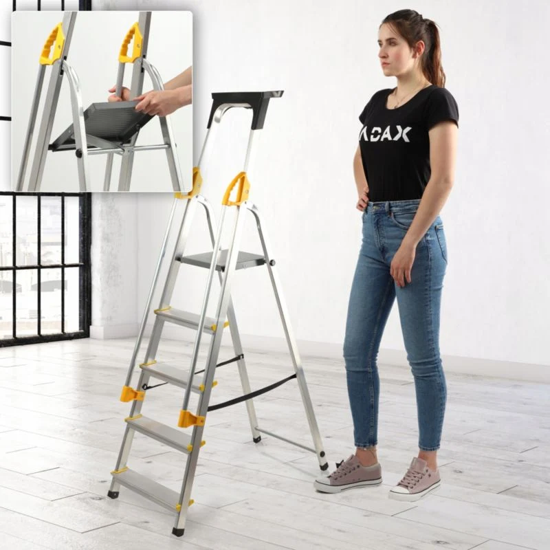 KADAX aluminiumsstige til hjemmet, 5 trin, foldbar med gelændere og krog