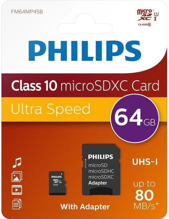 Philips Mini SDXC kort. 64GB klasse 10 UHS-I U1