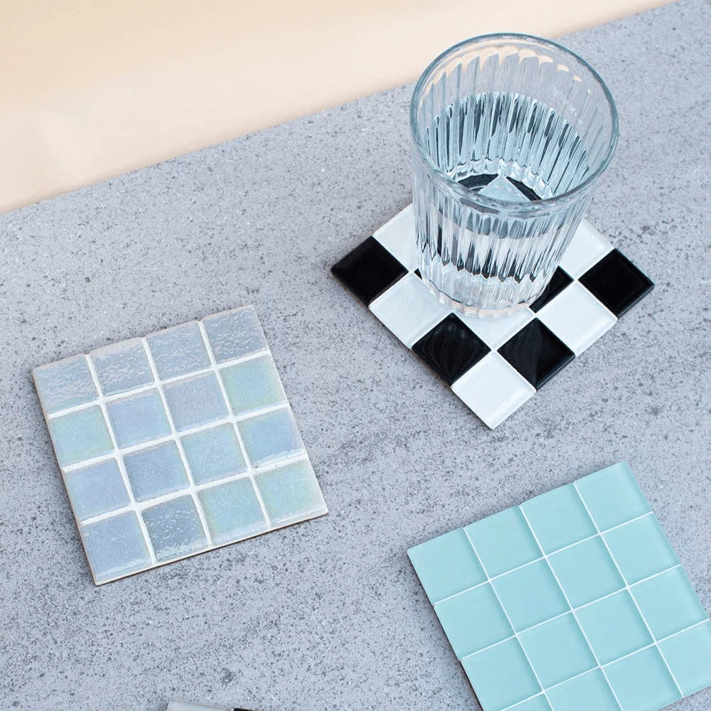 Glass Tile Coaster · Black + White Checkered Subtle Art Studios
