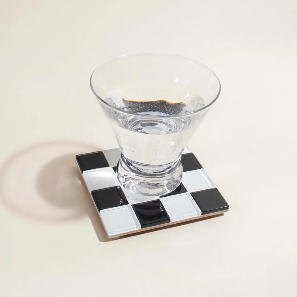 Glass Tile Coaster · Black + White Checkered Subtle Art Studios