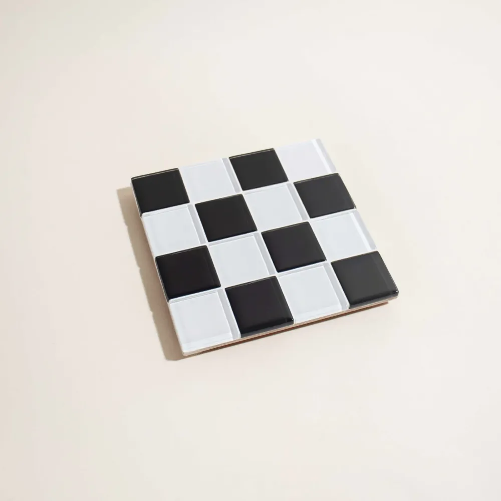Glass Tile Coaster · Black + White Checkered Subtle Art Studios