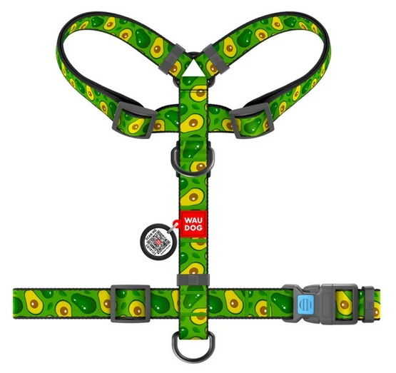 Collar WauDog Polyamid Szelki nylonowe anatomiczne w kształcie litery H, z QR-paszportem, plastikowy fastex, wzór AWOKADO,...