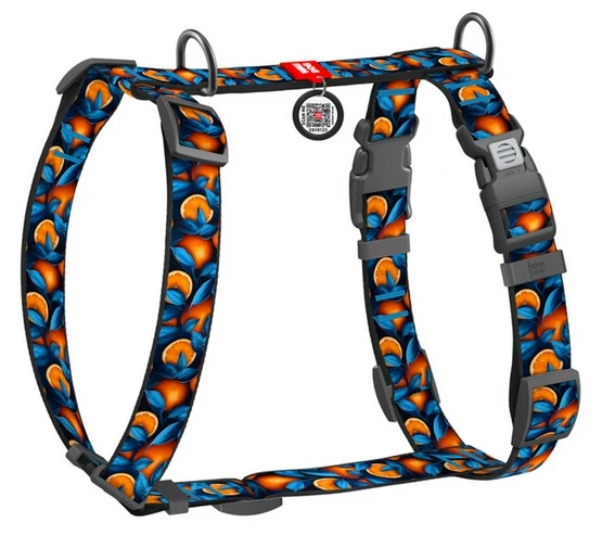 Collar WauDog Synthetic Szelki nylonowe anatomiczne w kształcie litery H, z QR-paszportem, plastikowy fastex, wzór POMARAŃ...