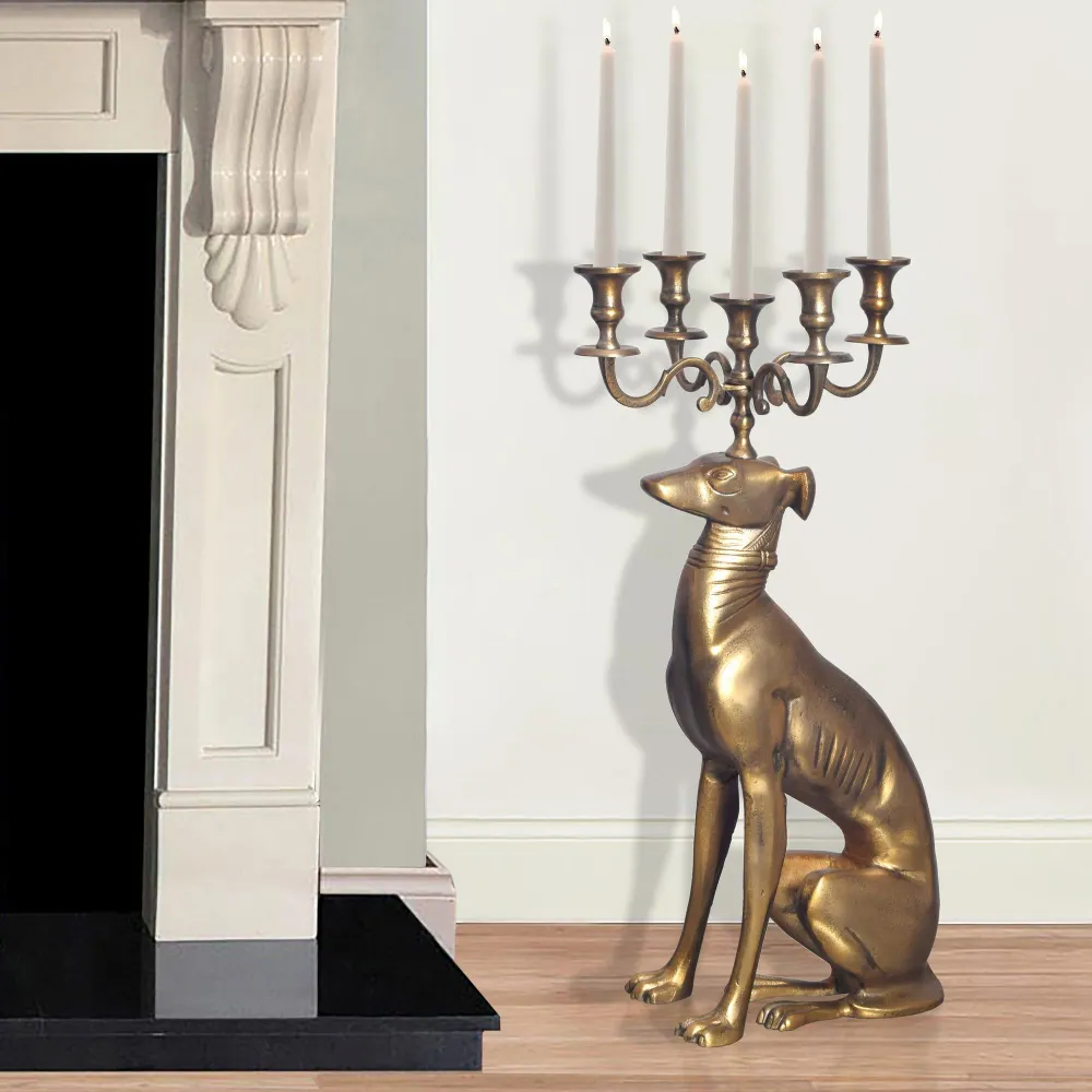 Greyhound lysestage, aluminium, guld, 69 cm, 5-armet lysestage, metallysestage til fem lys, hip gulvlysestage, hundetilbehør