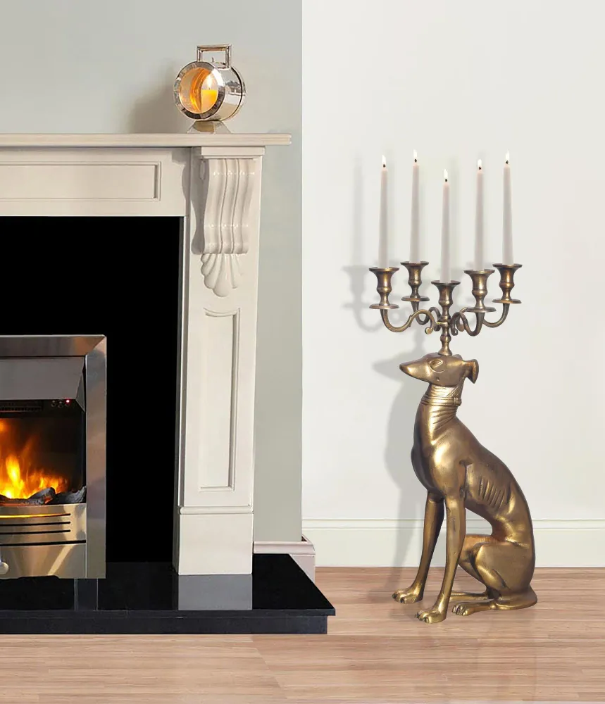 Greyhound lysestage, aluminium, guld, 69 cm, 5-armet lysestage, metallysestage til fem lys, hip gulvlysestage, hundetilbehør