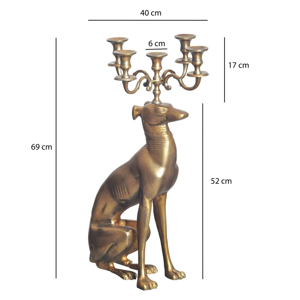 Greyhound lysestage, aluminium, guld, 69 cm, 5-armet lysestage, metallysestage til fem lys, hip gulvlysestage, hundetilbehør